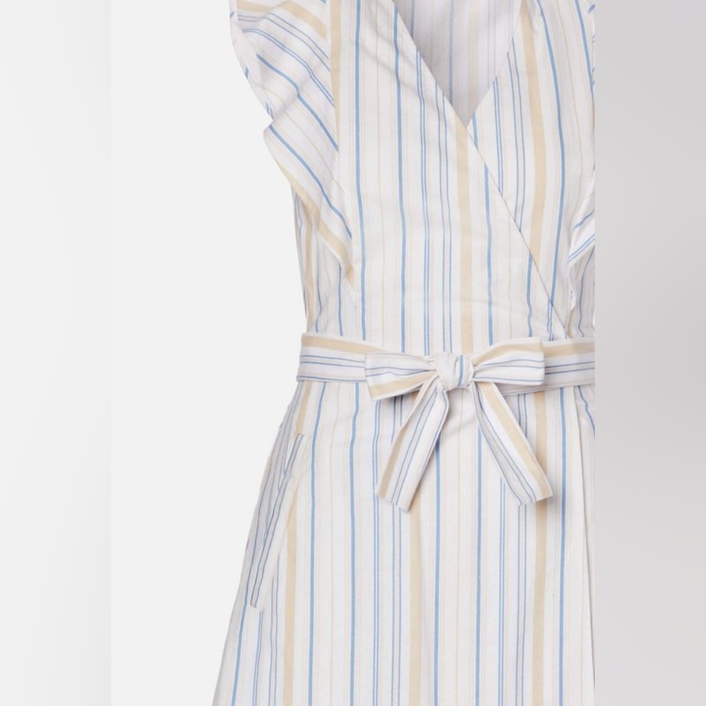 JustFab Women's Striped Ruffle Wrap Mini Dress Size Large NEW Linen Cotton - Picture 3 of 14